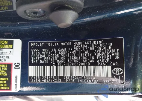 2019 Toyota Corolla Le from USA, damaged, VIN 2T1BURHE7KC128018